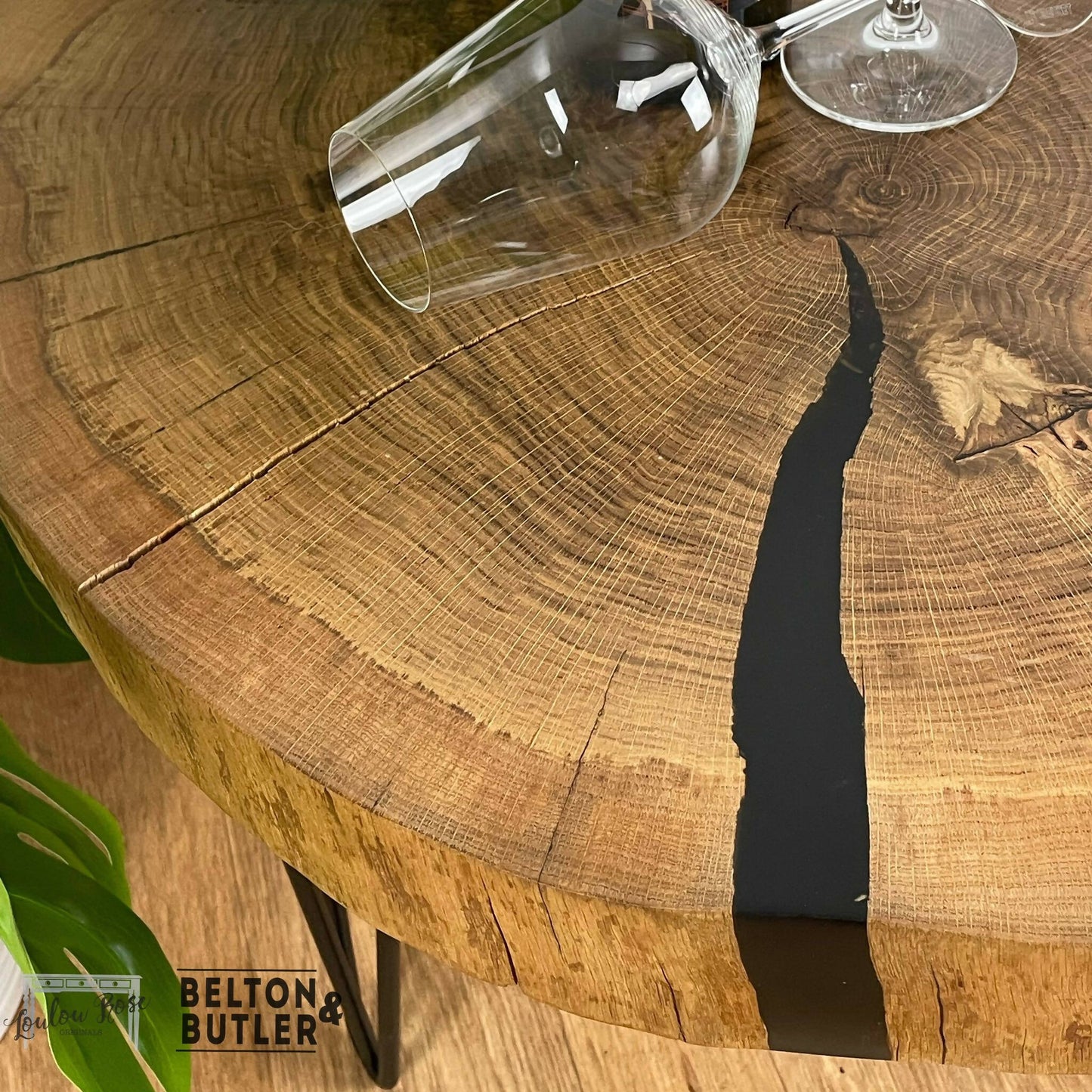 Oak Slice Black Resin Coffee Table, Side Table