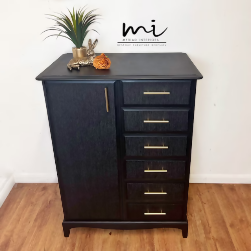 Refurbished vintage stag minstrel wardrobe, dresser, drawers, upcycled, black, gold, decoupage