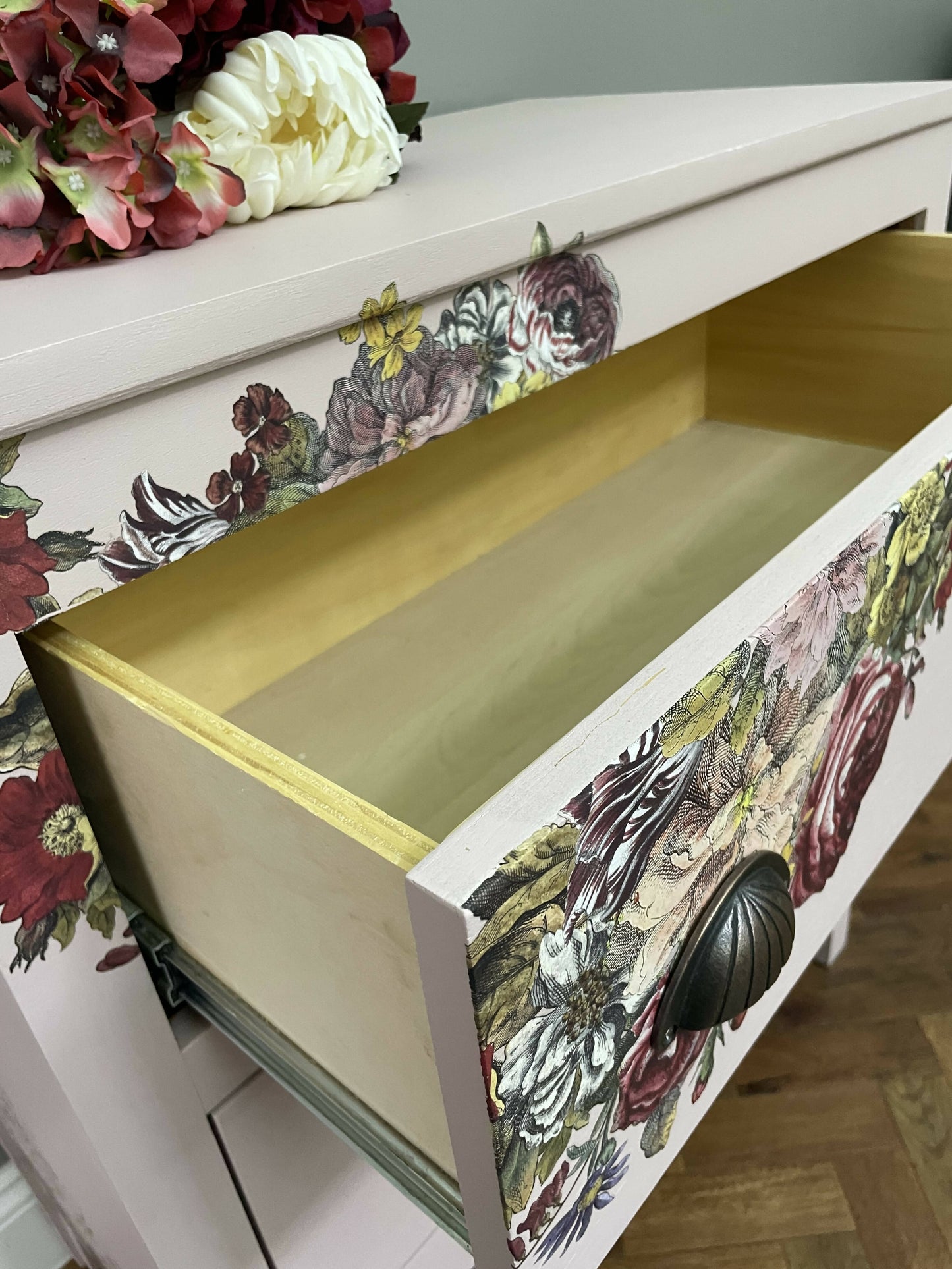 Vintage Pink Floral Tallboy Bedroom Drawers