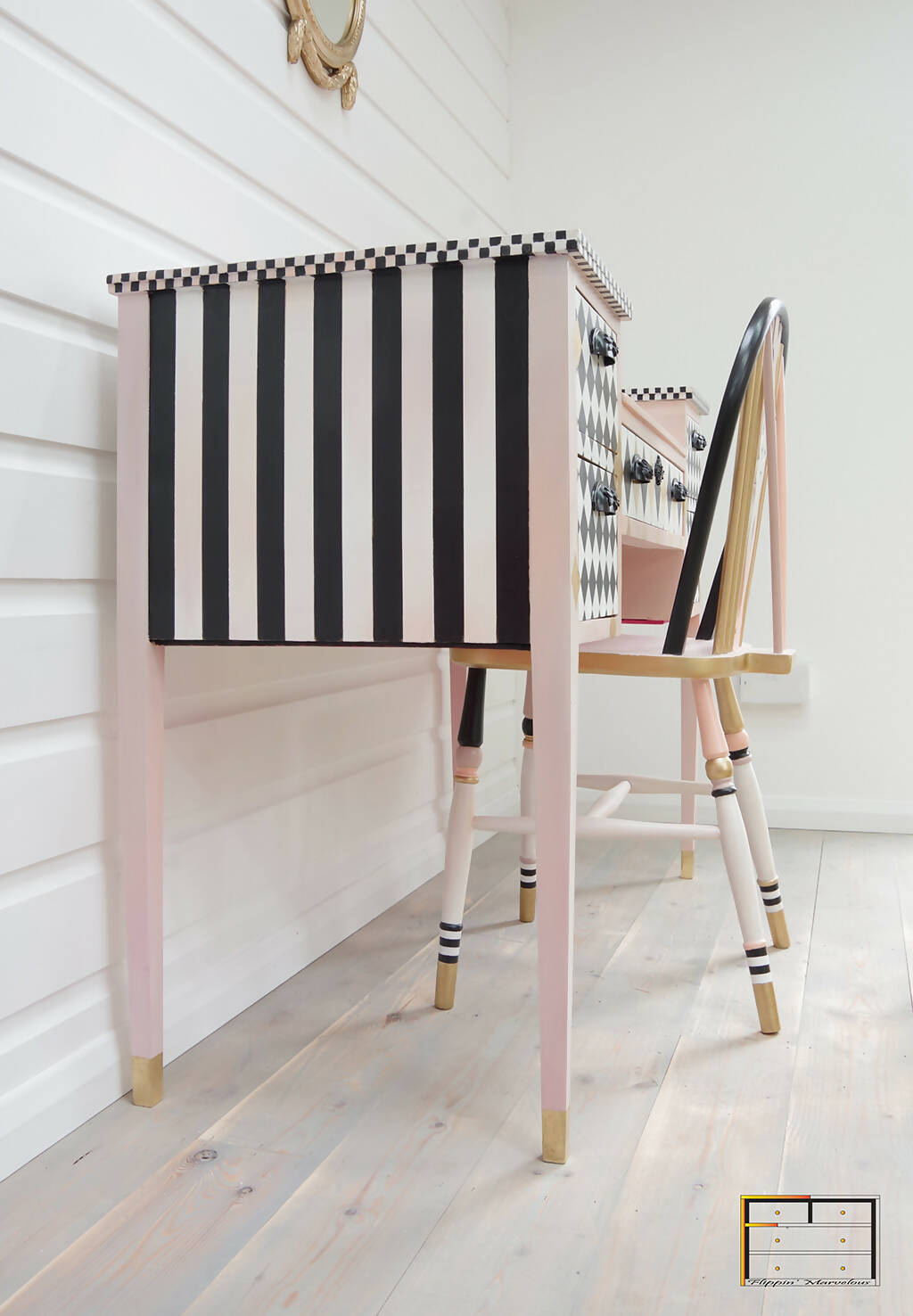 ****** SOLD OUT ****** Whimsical Edwardian Desk & Chair, Black, White, Roses, Diamonds, checks and stripes Alice in Wonderland Dressing Table and Windsor Chair