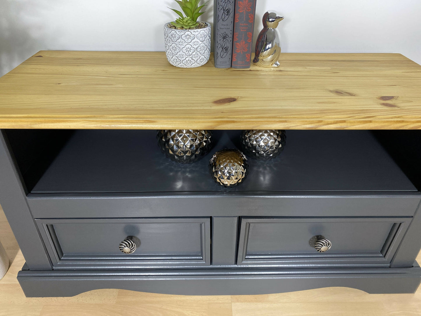 Vintage Grey Wooden TV Cabinet Drawers