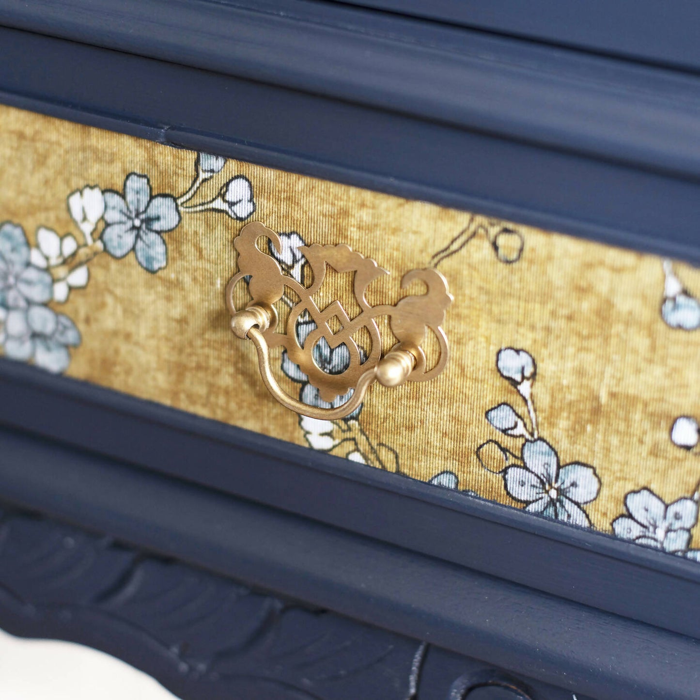 Exceptional vintage cocktail cabinet in midnight blue, boasting an oriental-inspired design. Sold, commission available.