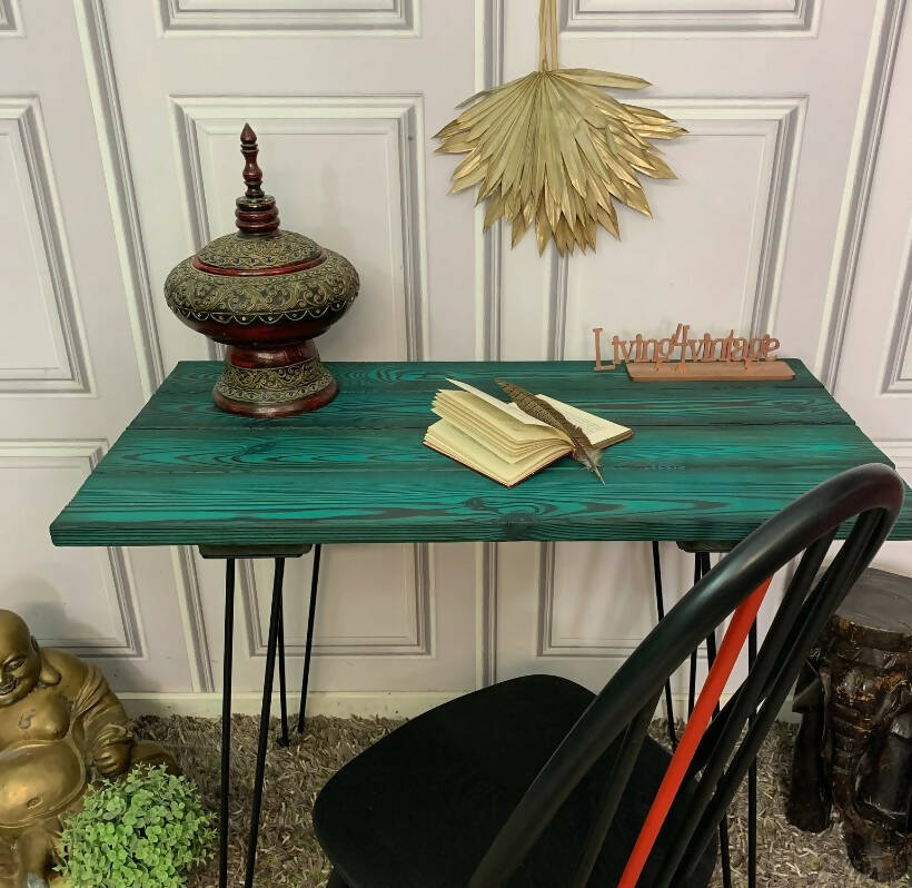 Industrial Style Console Table / Desk with Hairpin Legs Yakisugi Wood