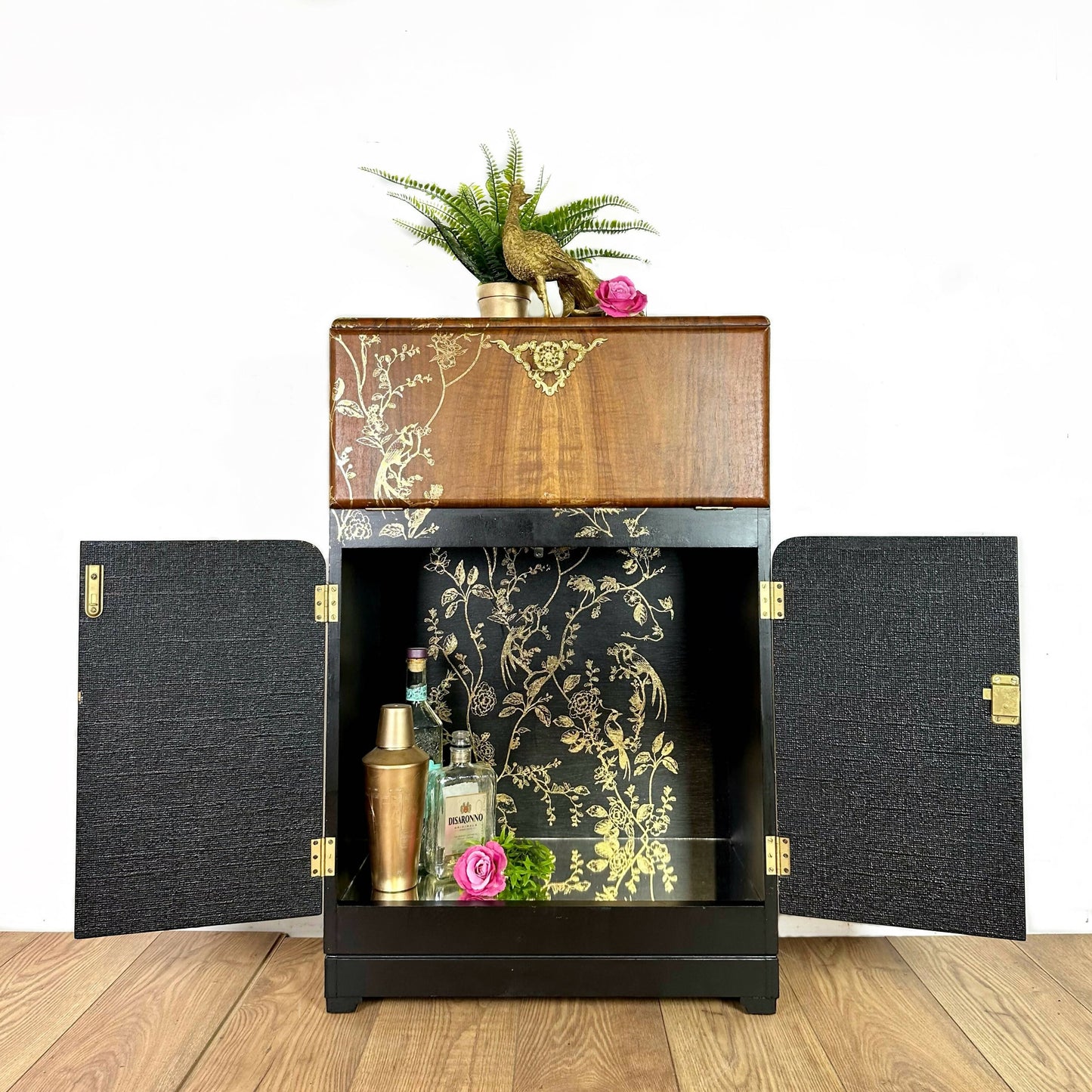 Petit Refurbished art deco cocktail cabinet, vintage black and gold drinks cabinet, birds, sideboard, dresser, gin bar, hand painted,