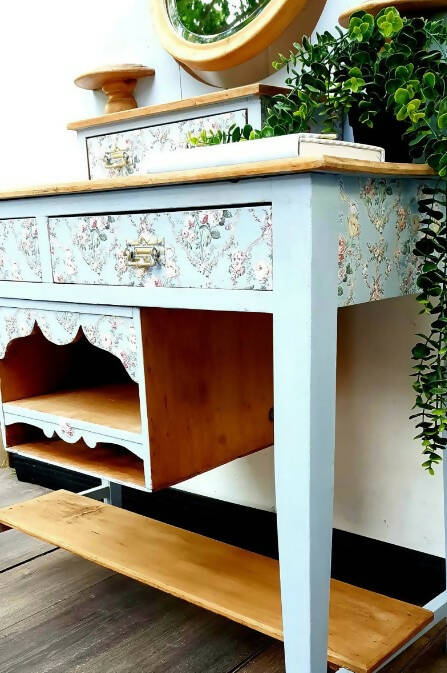 Hand Carved Blue Hall Table With Mirror