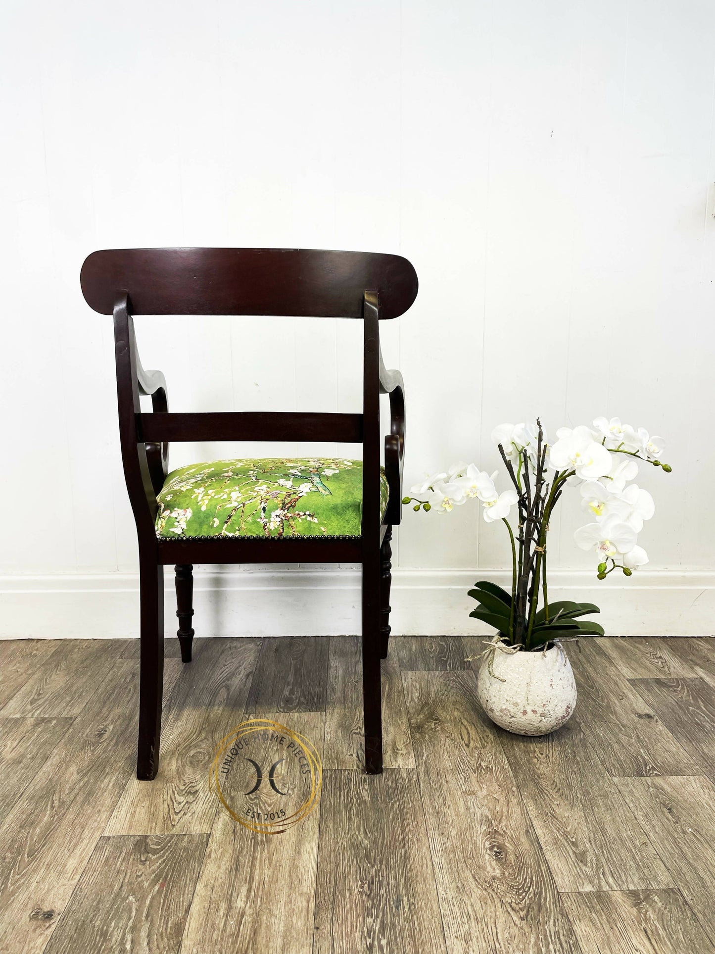 Antique Regency Mahogany Scroll Arm Desk Chair with Green Velvet Seating