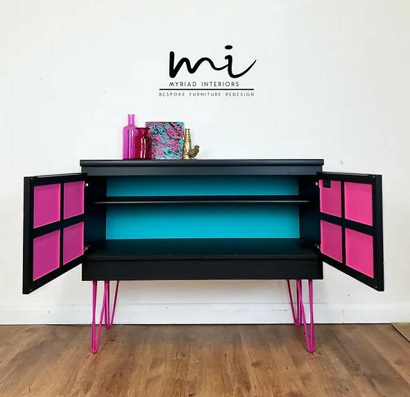 Maximalist Resin Poured Nathan sideboard, cocktail drinks cabinet, cupboard, black, bright pink, TV media unit