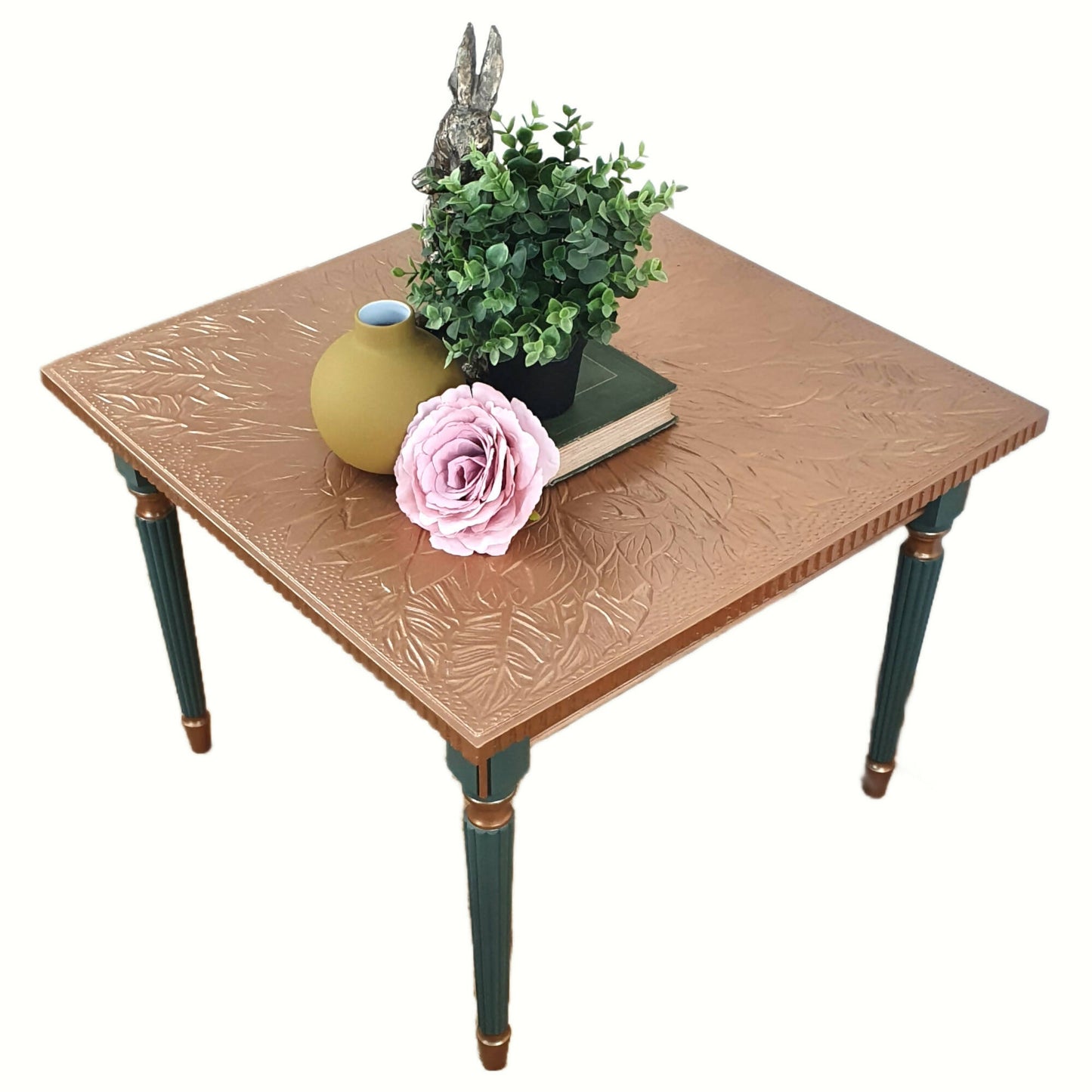 Vintage painted coffee table, square table, hand painted in dark green mineral paint with gold metallic top & gold detailing to the base