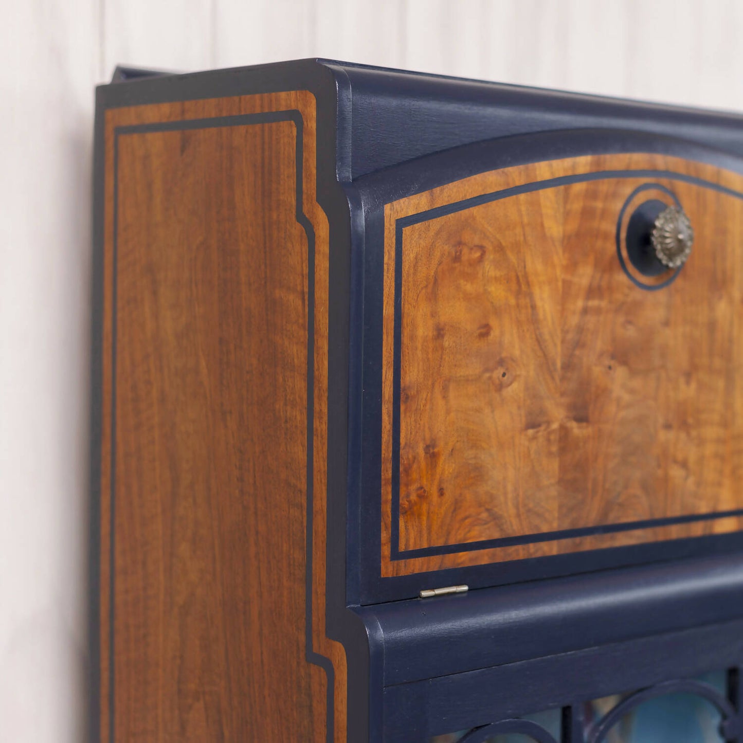 Available: One of a kind blue vintage cocktail cabinet, vintage drinks cabinet, cocktail bar, desk and drinks cabinet combined.