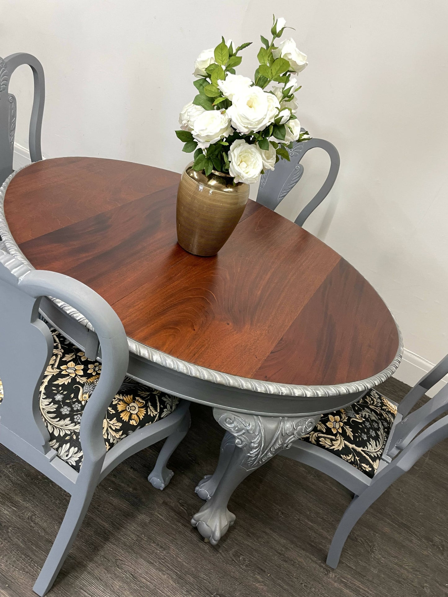 Set of 4 Grey Claw and Ball Mahogany Dining Chairs