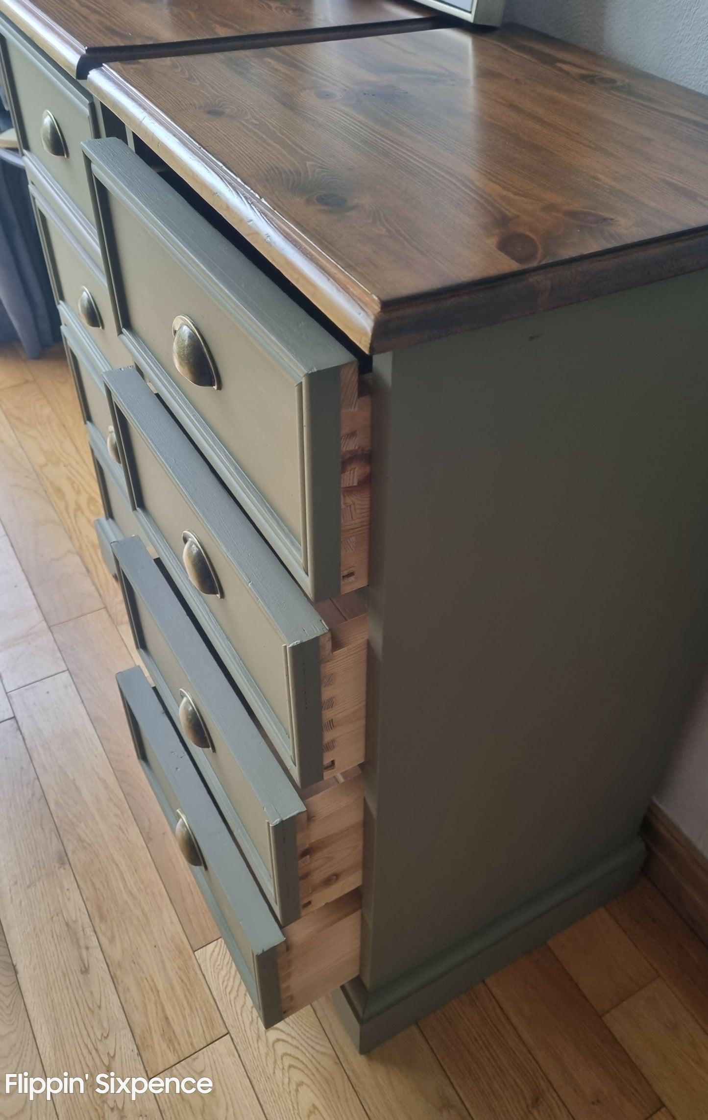 SOLD OUT Pair of Vintage Drawers finished in a Classic Hampton Olive Green with Stunning Wood Tops