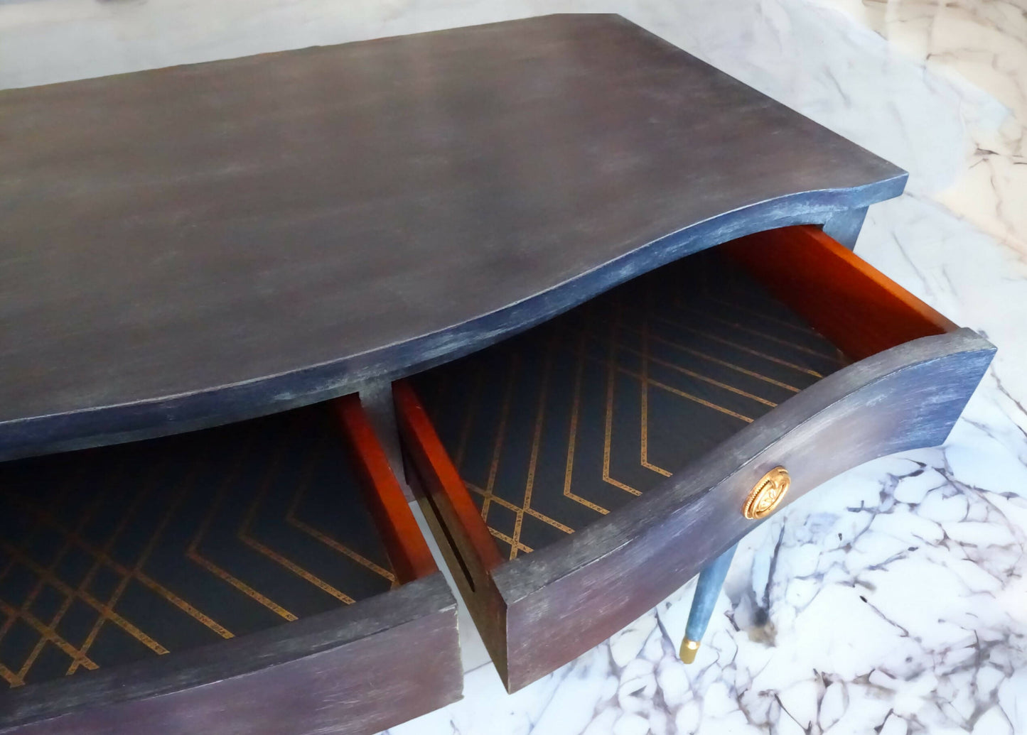 Navy Blue Vintage Console Hallway Table with Gold Accents