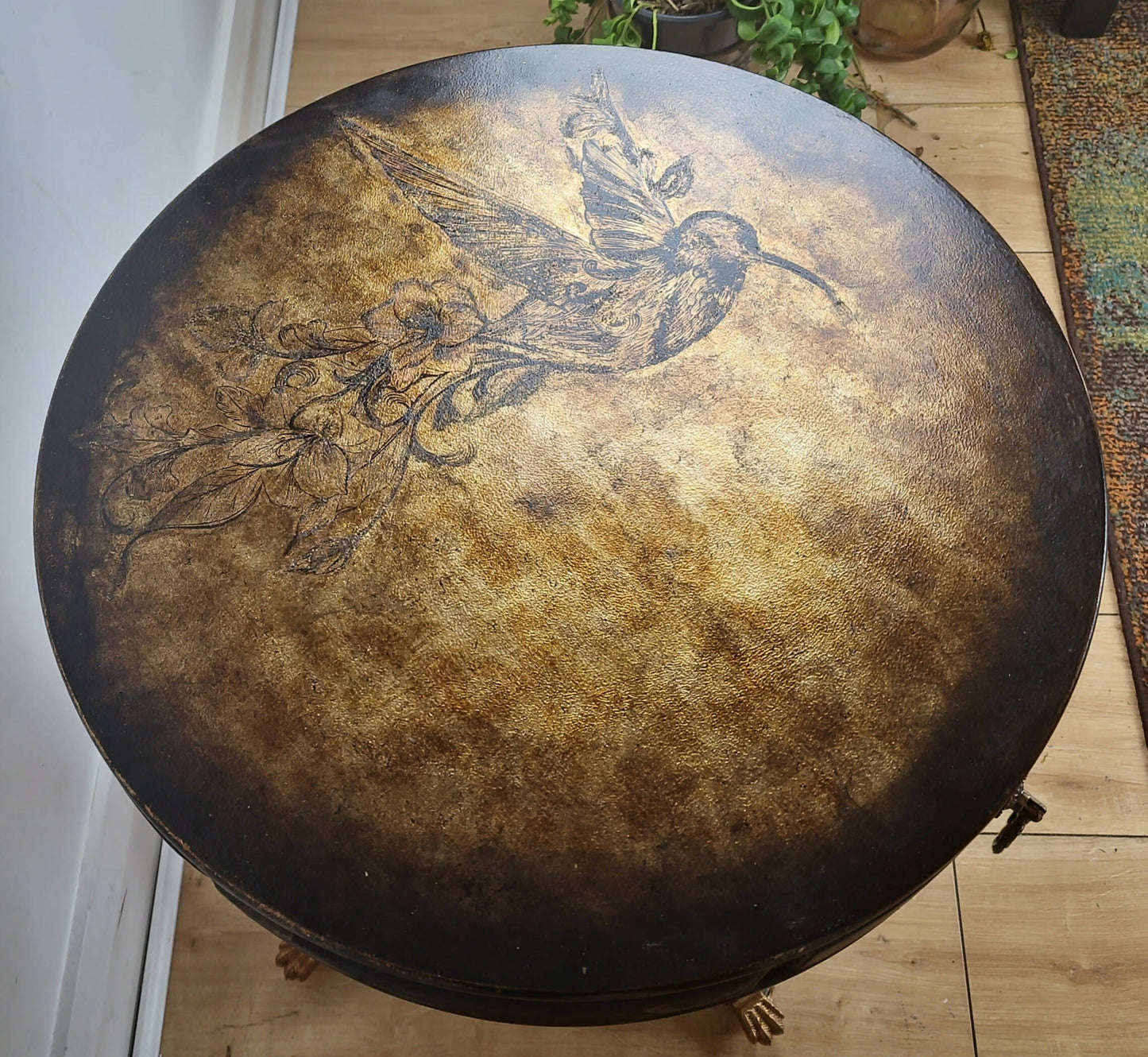 **Sold**Vintage Hand painted round side table, coffee table, Pedestal Drum Table, Round coffee table. Black table, Navy Gold Amber. Two drawers.