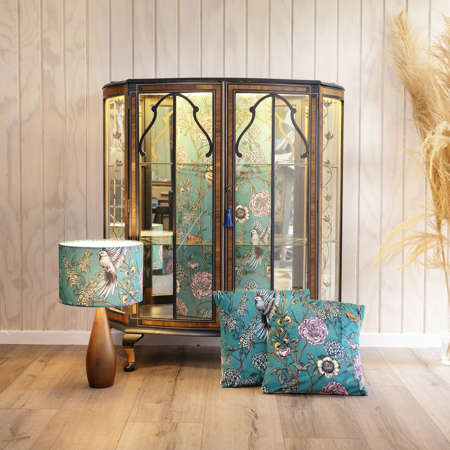 An exceptional vintage drinks cabinet, beautifully decoupaged with Birds of Paradise velvet in a striking combination of pink and teal. Sold, commission available.