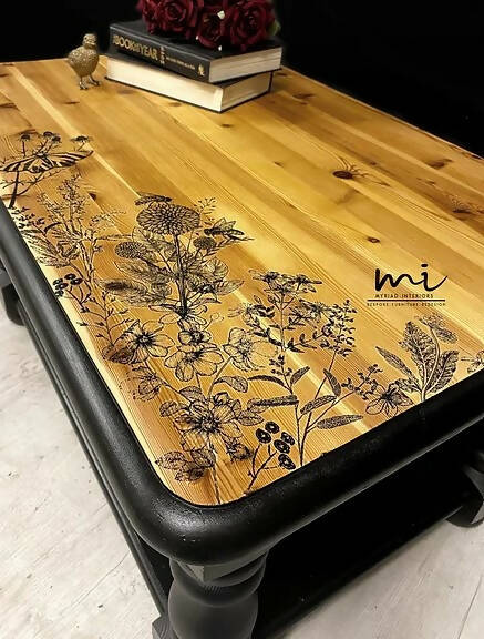 Black Farmhouse Pine Coffee Table with floral design, Sofa Table