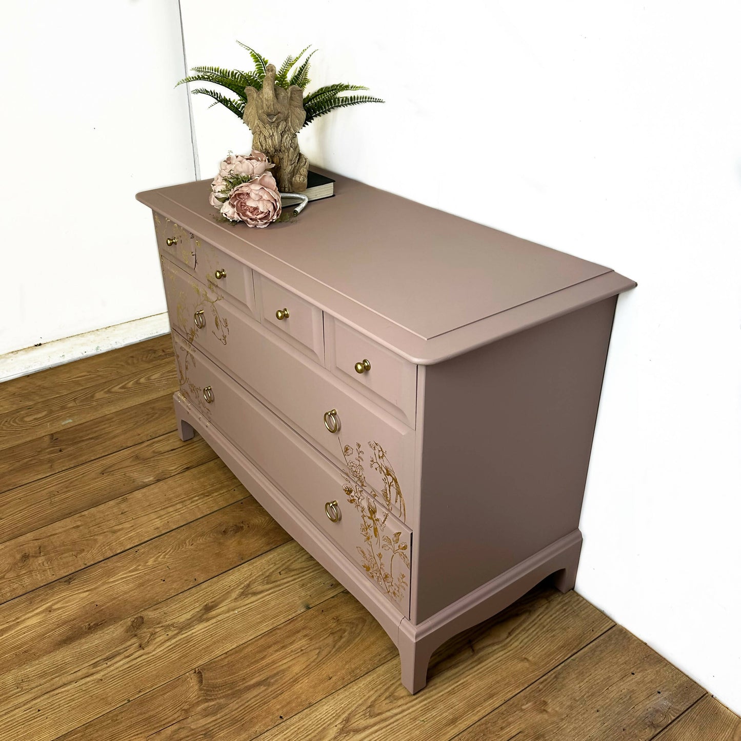 MADE TO ORDER Pretty dusky pink Stag Minstrel Chest of Drawers with gold bird song design, vintage, dresser, blossom, mcm, sideboard