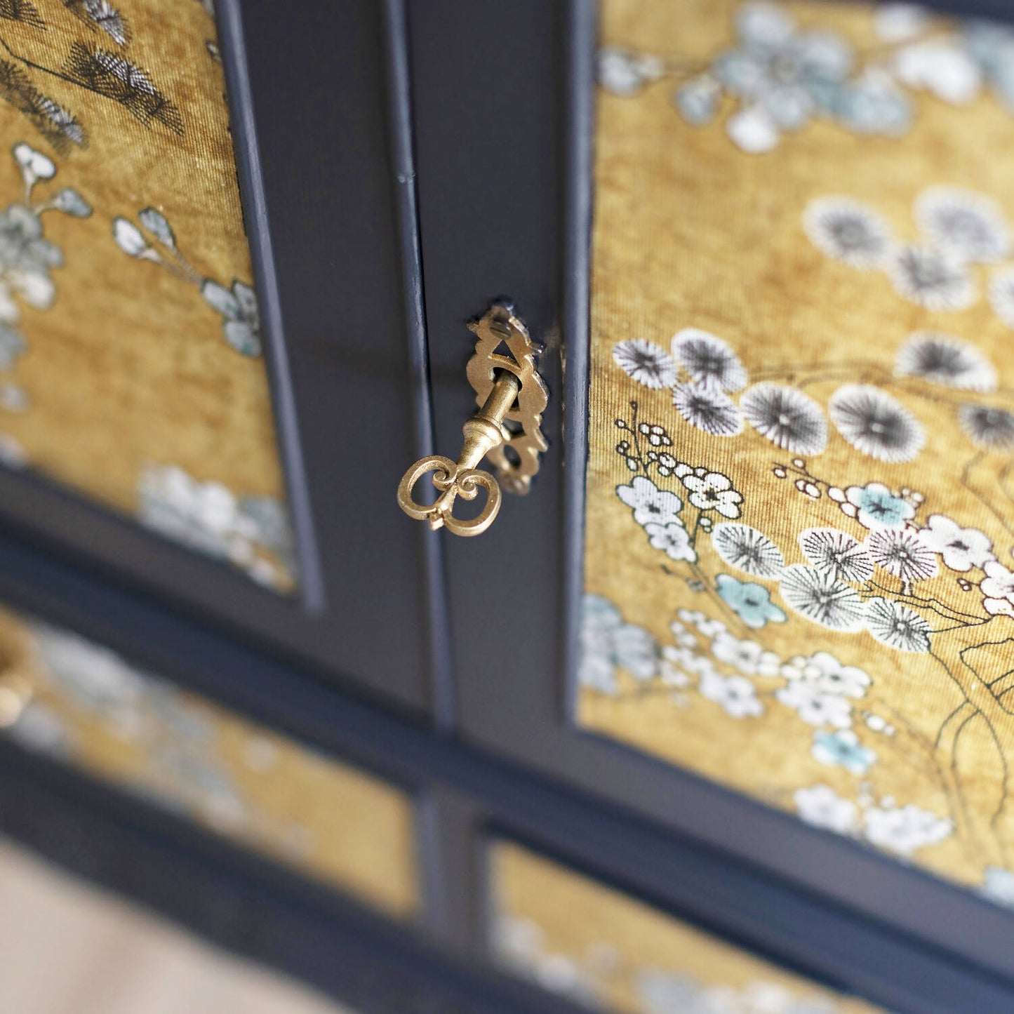 Exceptional vintage cocktail cabinet in midnight blue, boasting an oriental-inspired design. Sold, commission available.