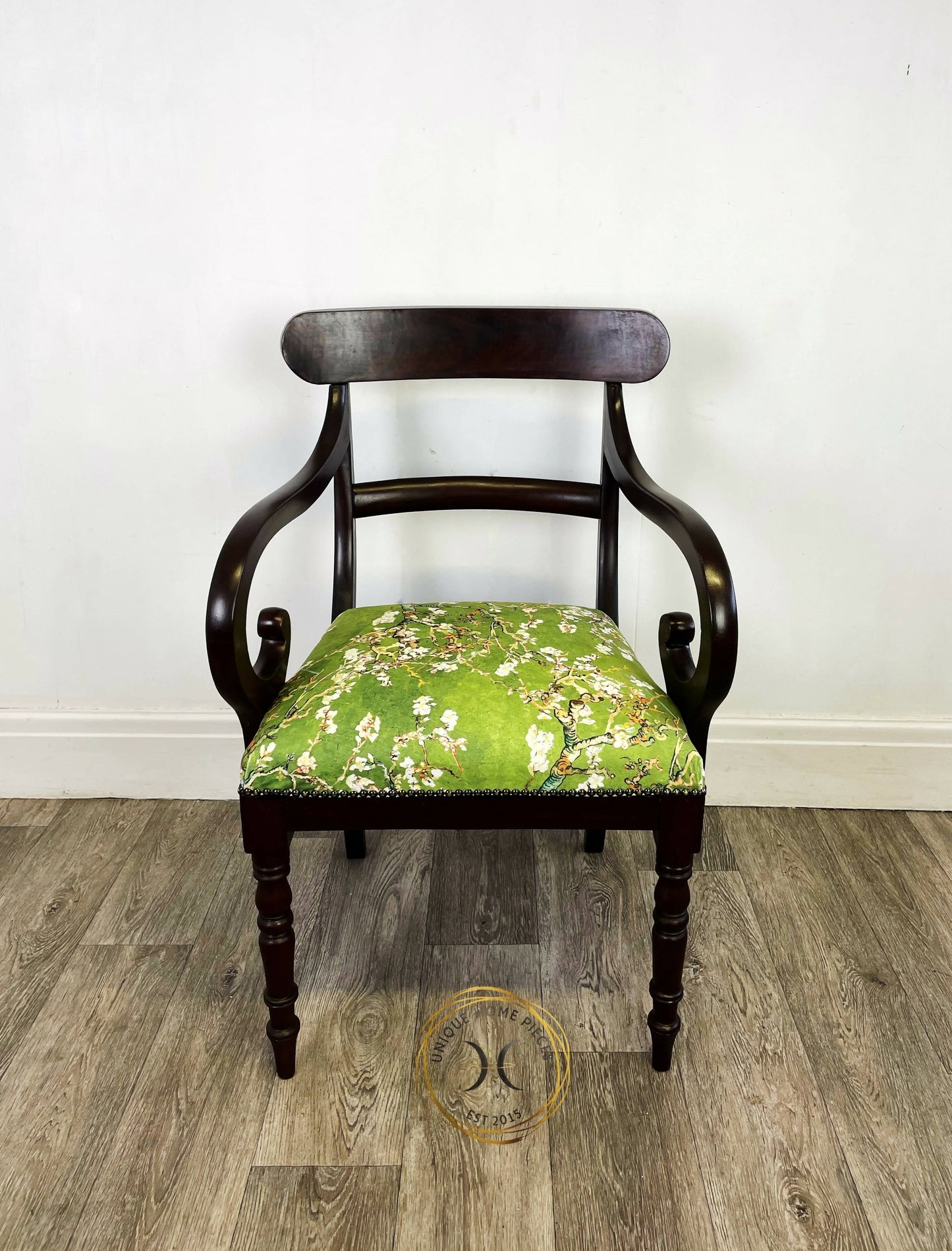 Antique Regency Mahogany Scroll Arm Desk Chair with Green Velvet Seating