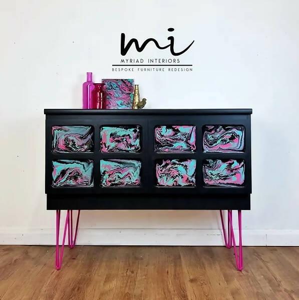 Maximalist Resin Poured Nathan sideboard, cocktail drinks cabinet, cupboard, black, bright pink, TV media unit