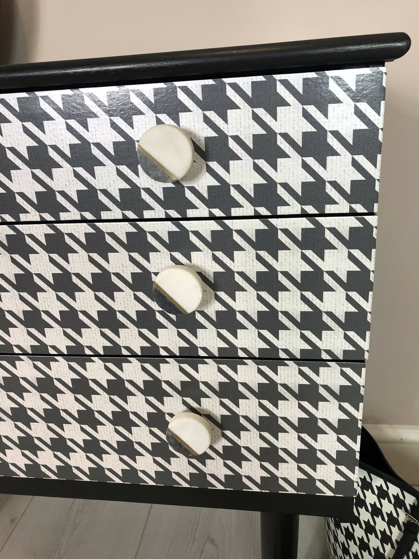 Schreiber Retro chest of 3 drawer/ Side table, Hand painted in black satin colour, Decoupaged with dogtooth pattern/ Marble handles