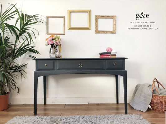 Dark grey stag console table, desk, dressing table