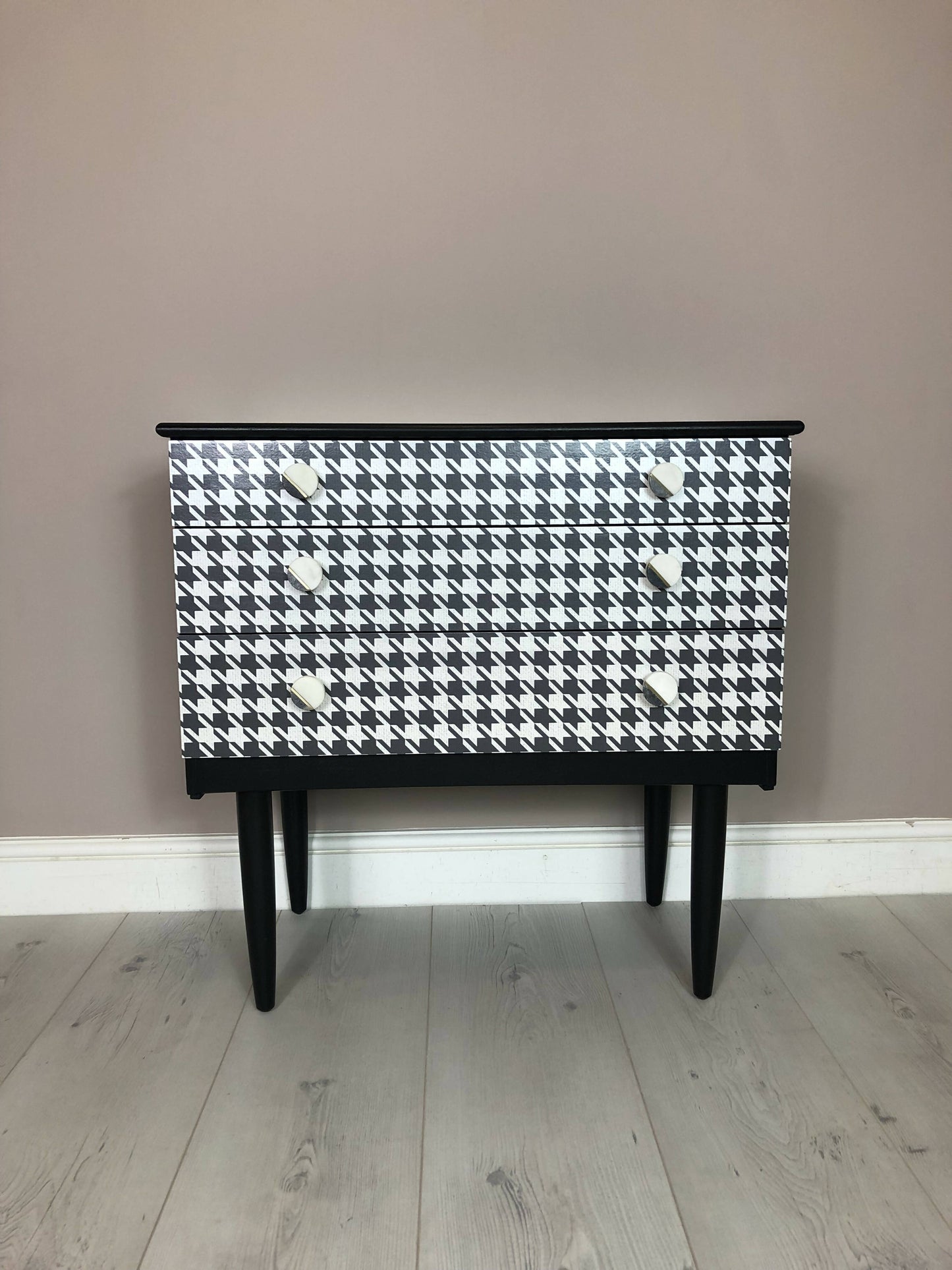Schreiber Retro chest of 3 drawer/ Side table, Hand painted in black satin colour, Decoupaged with dogtooth pattern/ Marble handles