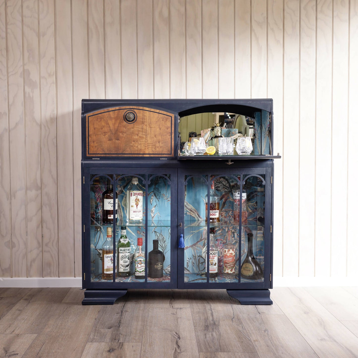 Available: One of a kind blue vintage cocktail cabinet, vintage drinks cabinet, cocktail bar, desk and drinks cabinet combined.