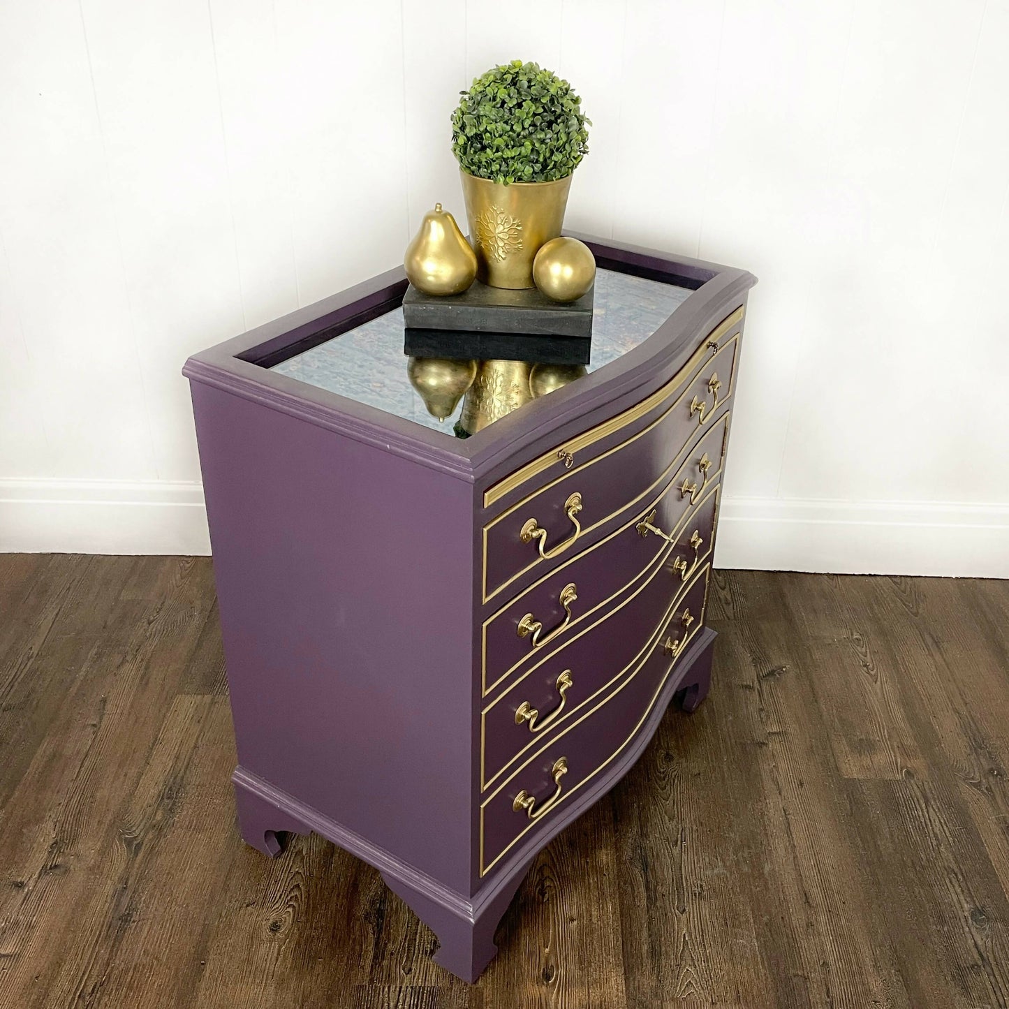 J Sydney Smith Bow Fronted Purple Drinks Cabinet with glass top