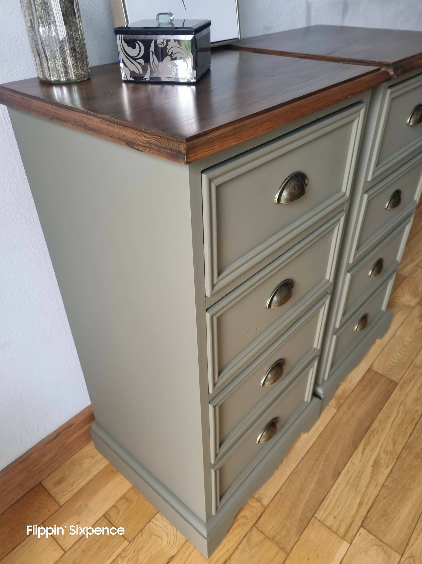 SOLD OUT Pair of Vintage Drawers finished in a Classic Hampton Olive Green with Stunning Wood Tops