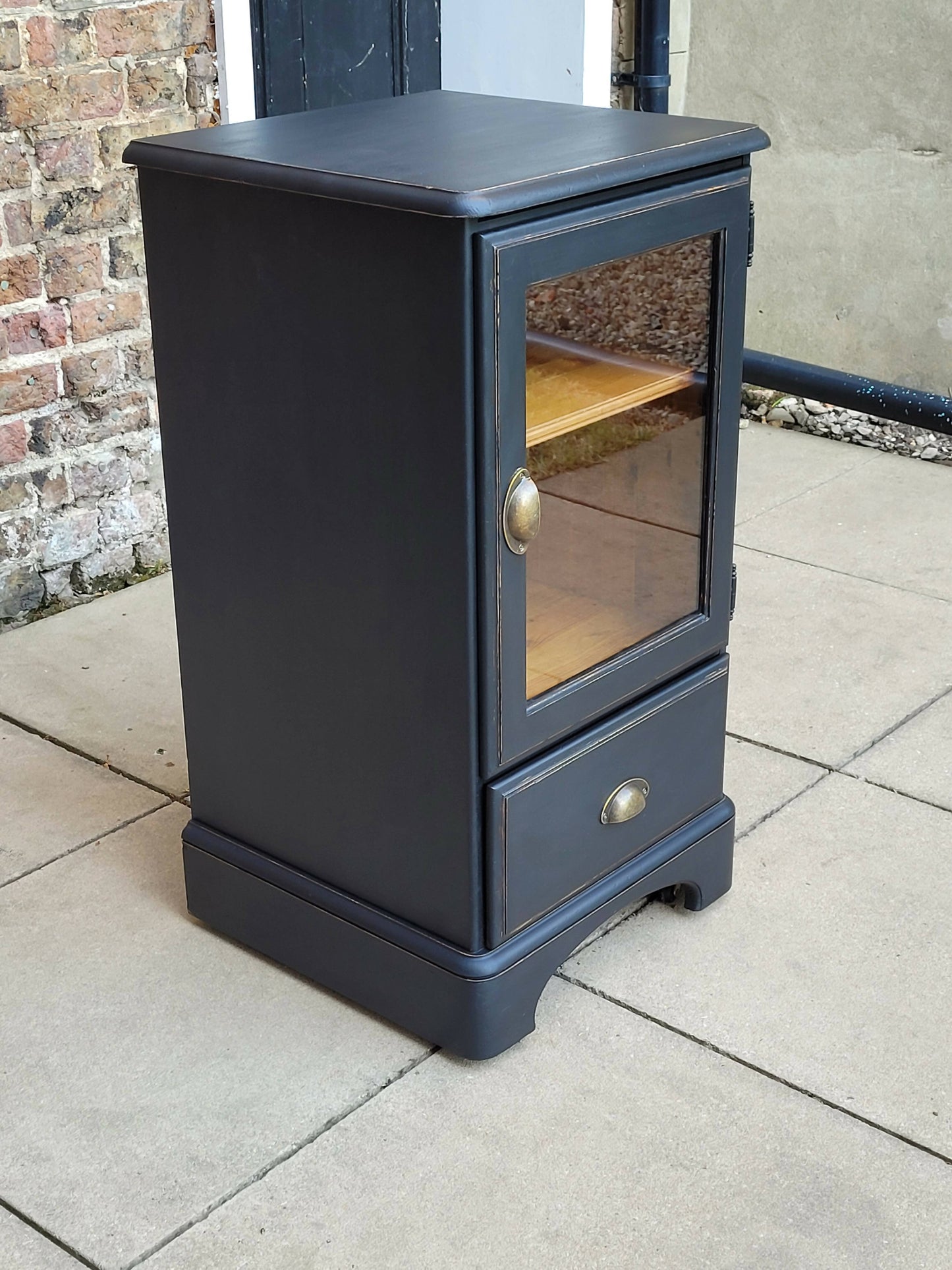 Navy Blue Pine Cupboard Display Cabinet With Drawer