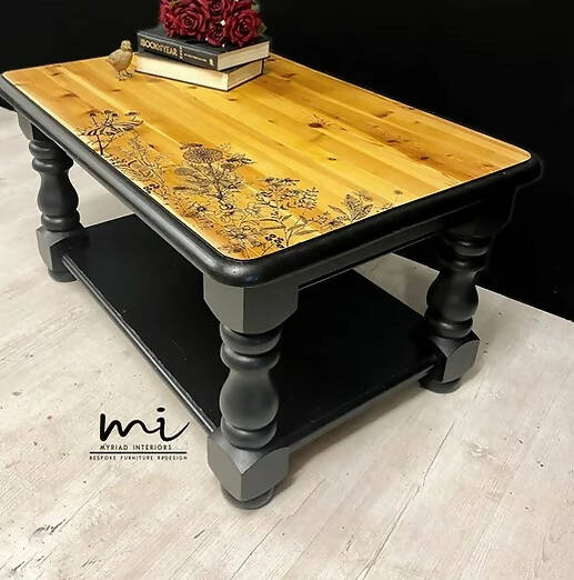 Black Farmhouse Pine Coffee Table with floral design, Sofa Table