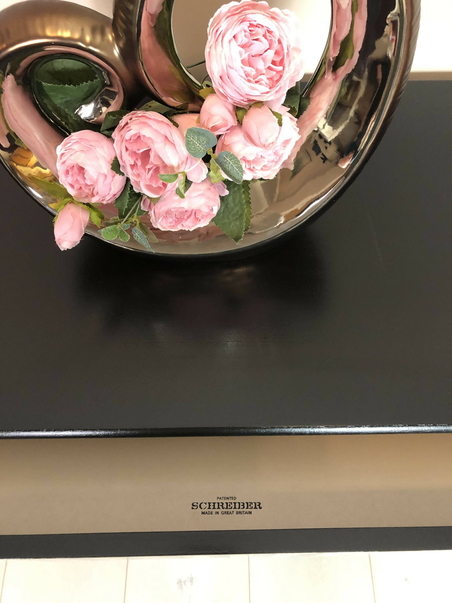 Schreiber Retro chest of 3 drawer/ Side table, Hand painted in black satin colour, Decoupaged with dogtooth pattern/ Marble handles