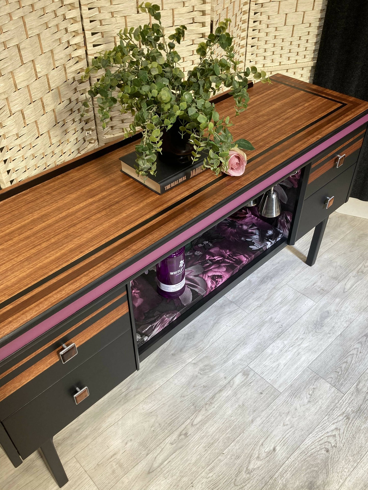 SOLD! Retro MCM Sideboard/Drinks Cabinet in Black, Teak and deep Pink. Harris Lebus Furniture (Sarah)