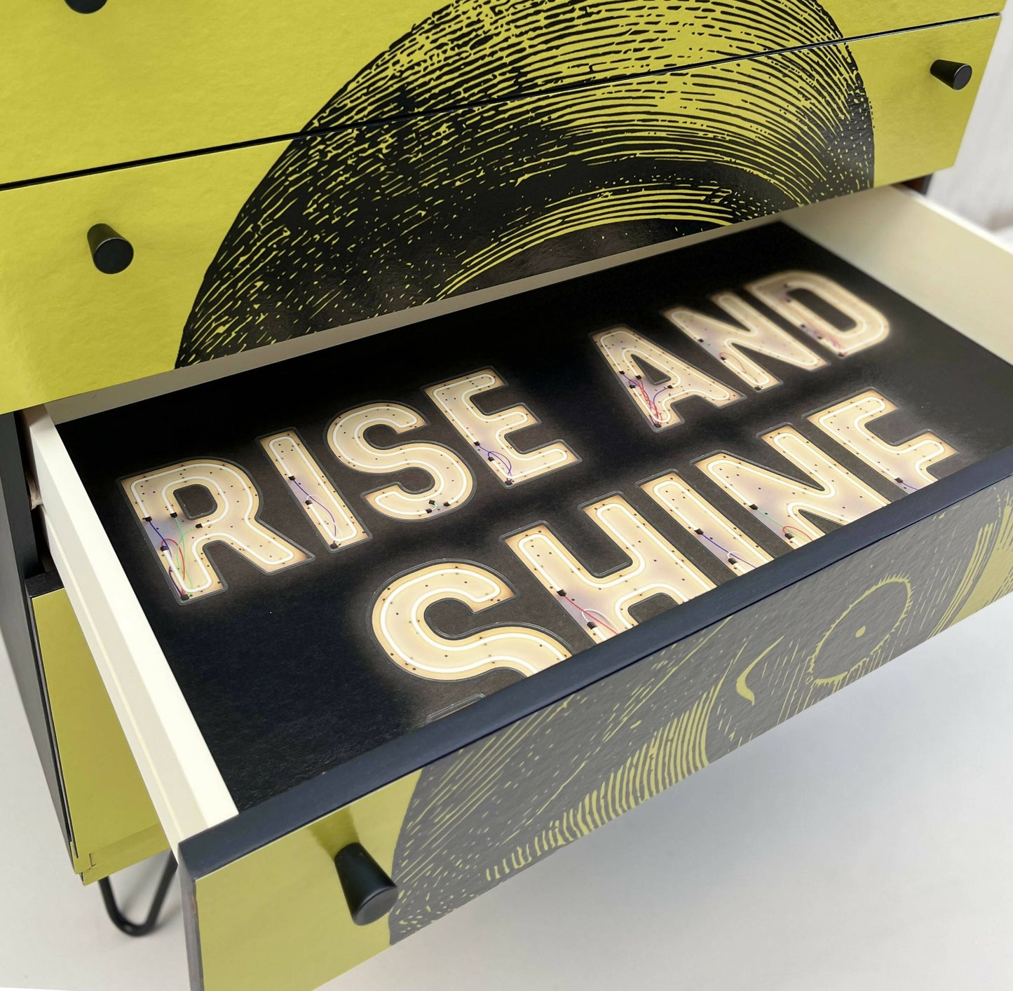 Bespoke Mid-Century Modern Chest of Drawer With Retro Eye Design in Yellow Background. Vintage Painted Chest of Drawer.