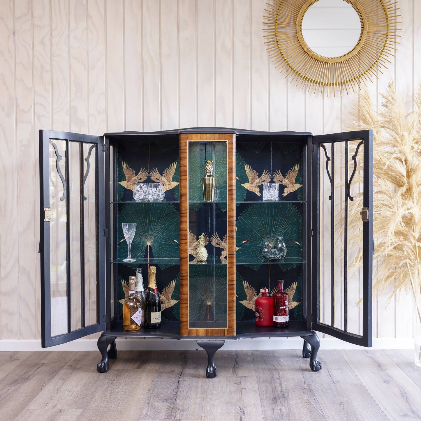 An exquisite vintage drinks cocktail cabinet decoupaged in a striking blend of emerald green and black crane fabric. Sold, commission available.