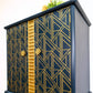 ART DECO cocktail cabinet, drinks cabinet, gin bar, classic 1930s styling, Great Gatsby inspired design, dark teal blue & liquid gold leaf.