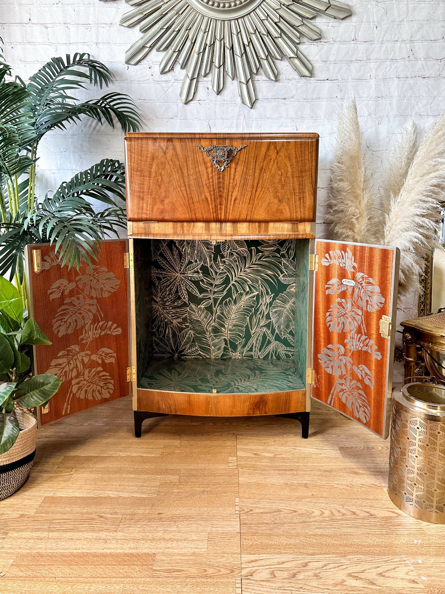 Rivington Cocktail Cabinet, Vintage Drinks Bar, Green and Gold, Art Deco, 1950’s Drinks Unit, Retro Bar, Walnut MADE TO ORDER