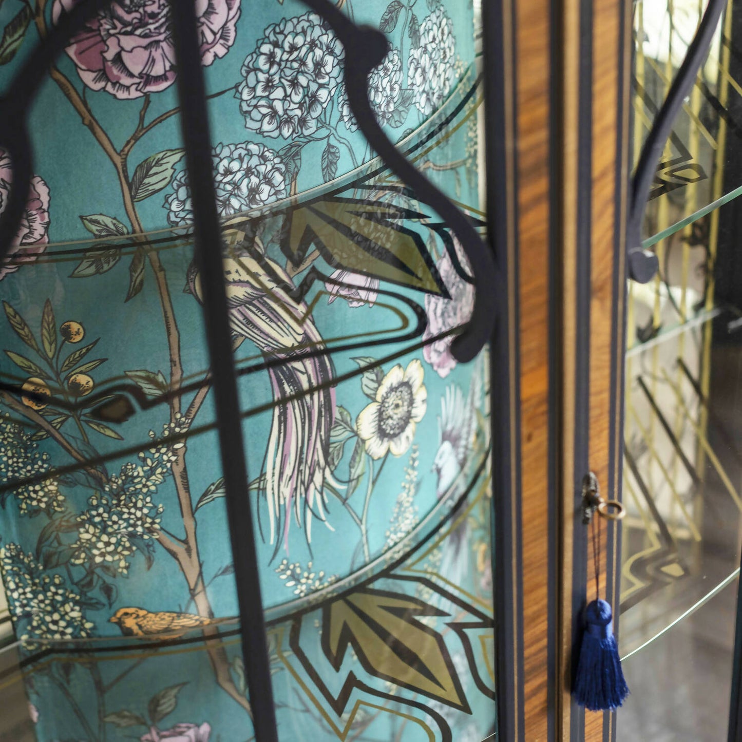 An exceptional vintage drinks cabinet, beautifully decoupaged with Birds of Paradise velvet in a striking combination of pink and teal. Sold, commission available.