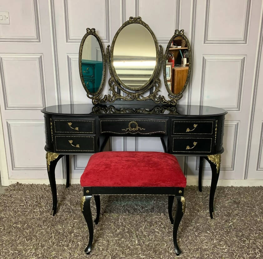 Black Antique Carved Dressing Table With Mirror and Matching Stool