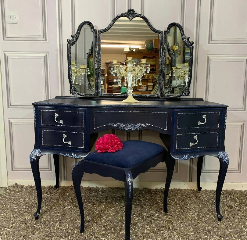 blue and gold dressing table Modern Blue Makeup Vanity Set Retracted Dressing Table Cabinet&Stool&Mirror Included-Wehomz WEHOMZ