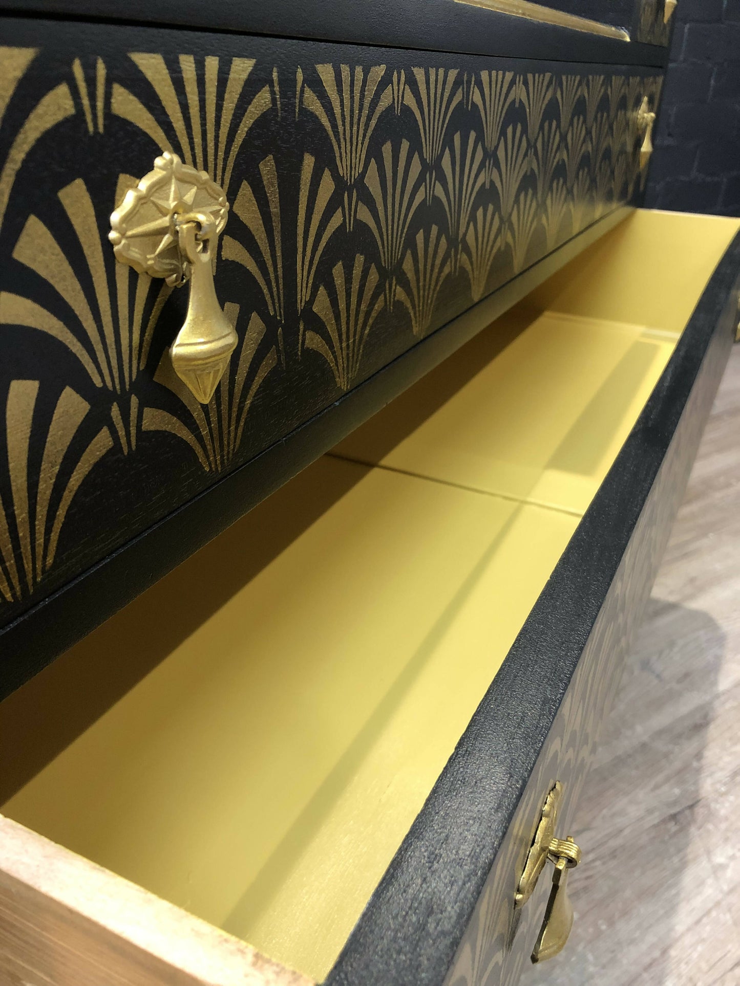 For Custom Commission: Original Vintage Painted Dressing Table, Art Deco Inspired Refinished Dressing Table in Black and Gold Leaf & stencilling, Hallway Table