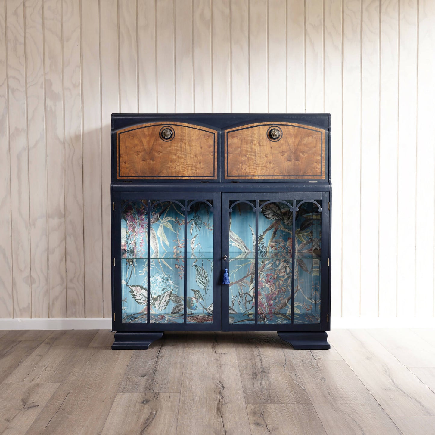Available: One of a kind blue vintage cocktail cabinet, vintage drinks cabinet, cocktail bar, desk and drinks cabinet combined.