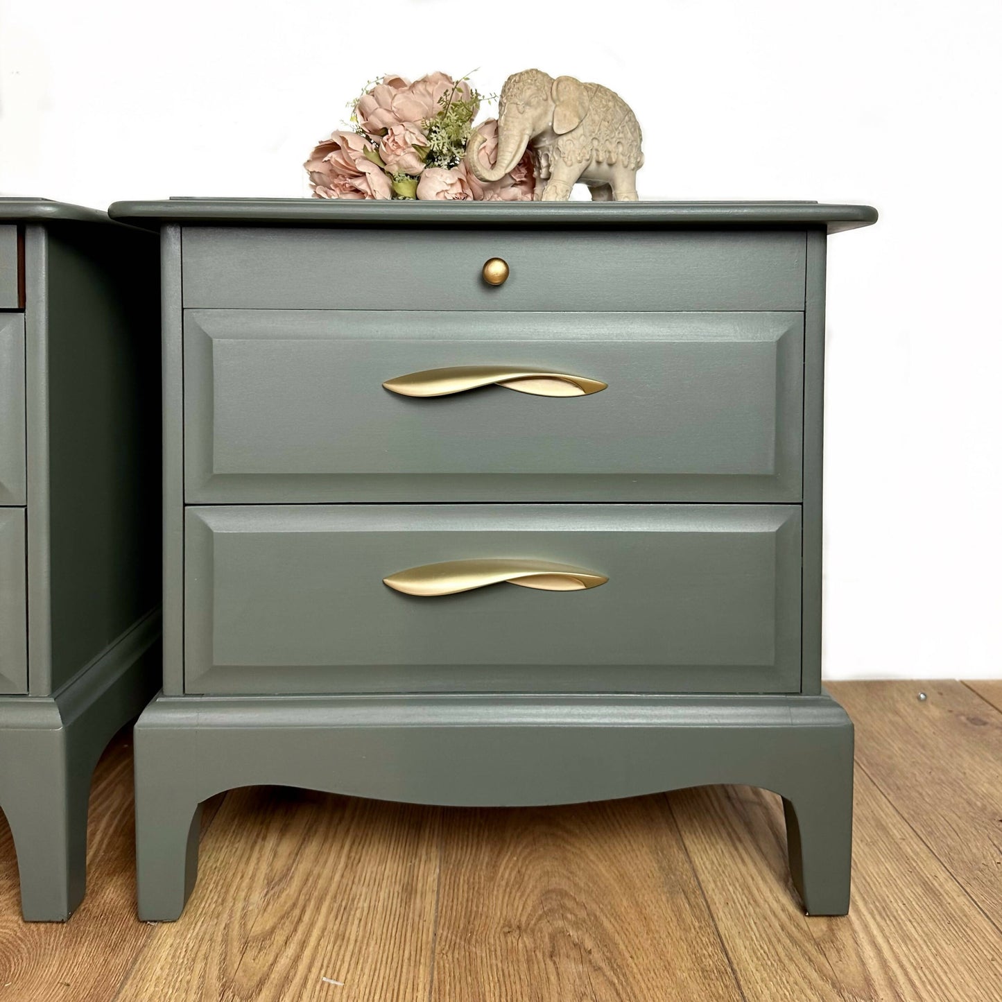 Refurbished Stag Minstrel bedside tables in olive green, vintage nightstands, upcycled, handprinted, drawers, dresser, chest, bedroom, pair