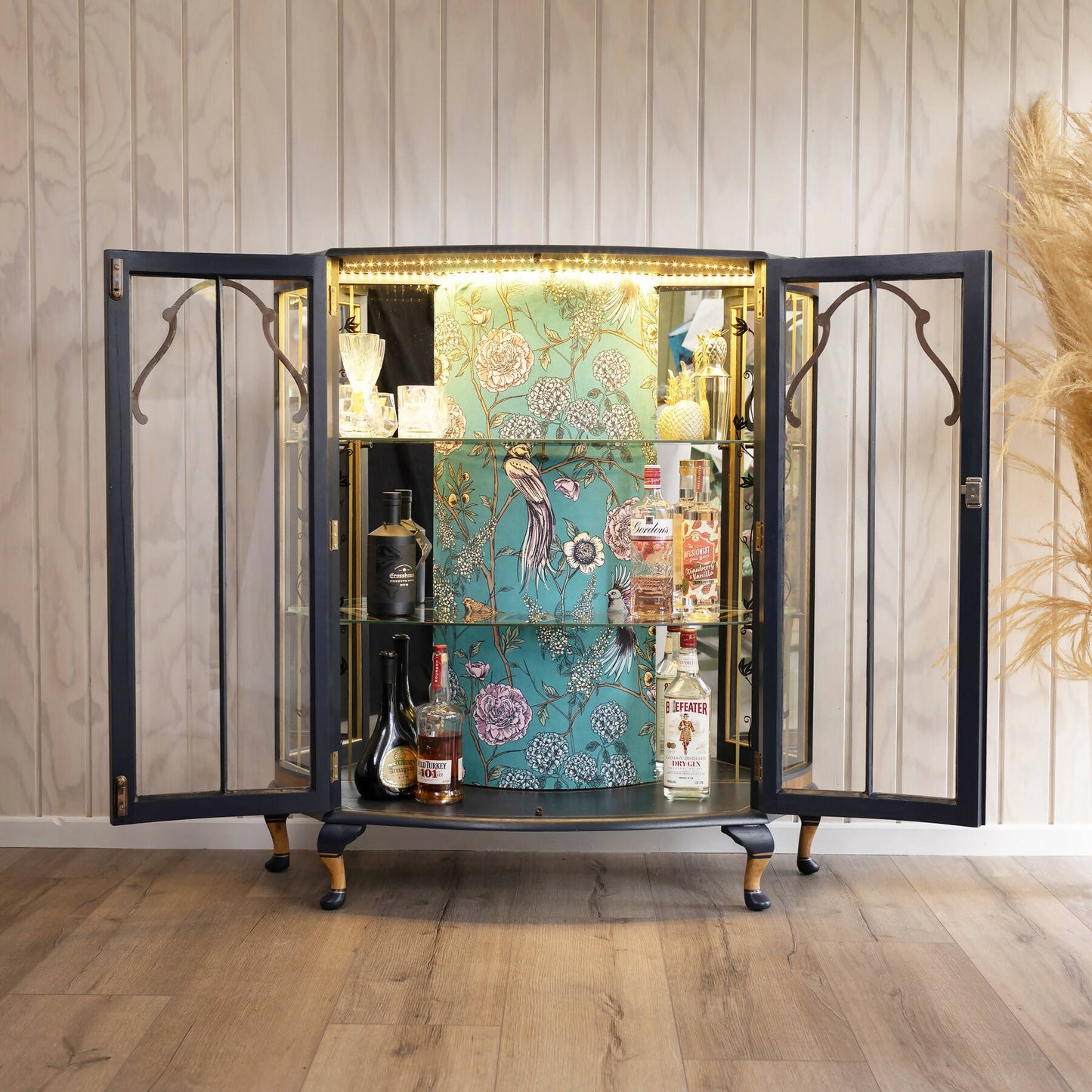 An exceptional vintage drinks cabinet, beautifully decoupaged with Birds of Paradise velvet in a striking combination of pink and teal. Sold, commission available.