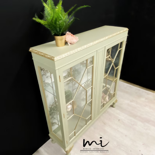 Made To Order - Vintage display cabinet, glass, pale sage green and gold. Drinks cocktail cabinet, sideboard, cupboard - commissions available