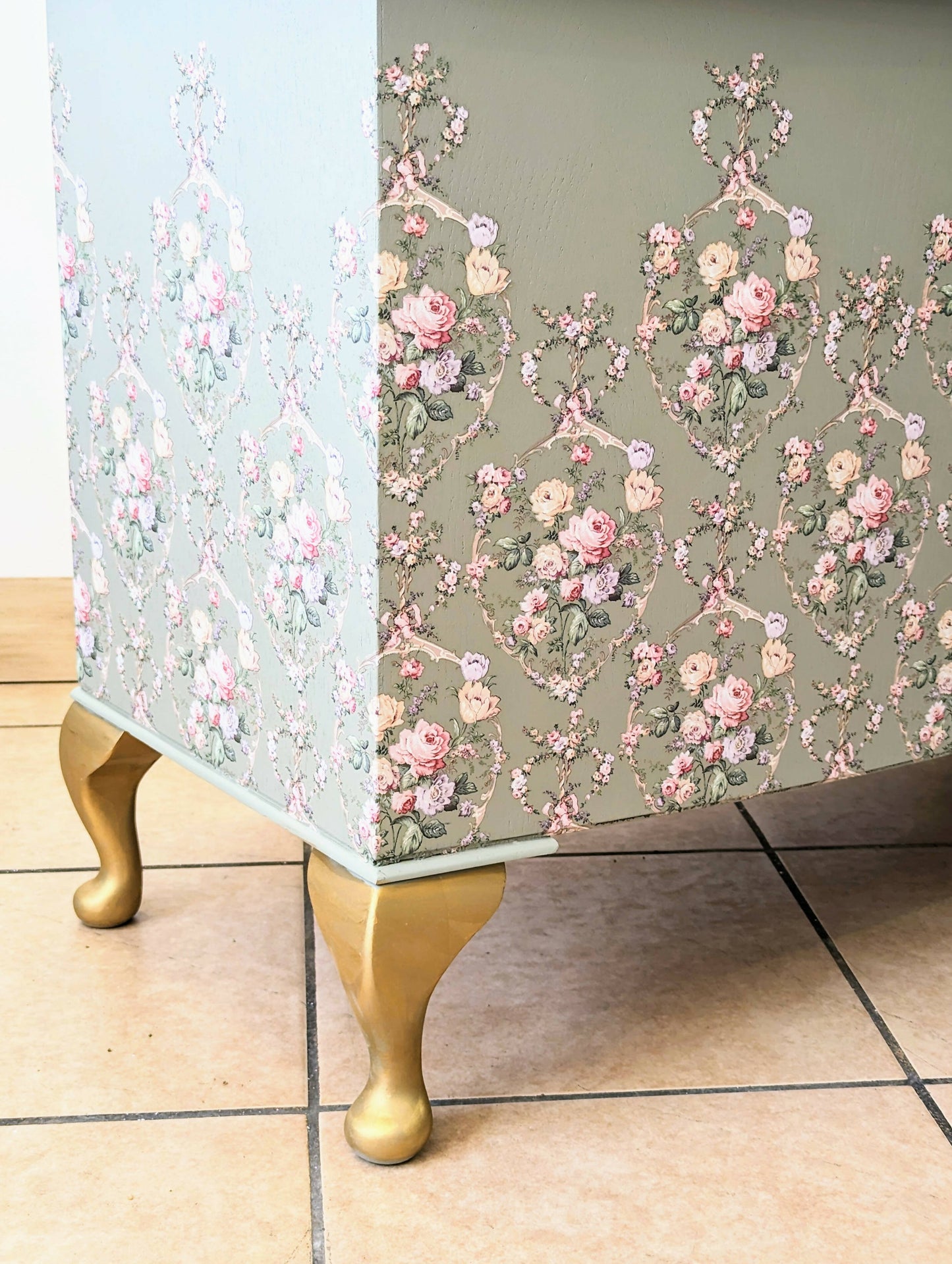Vintage upcycled floral green and gold blanket box, Queen Anne legs storage chest, french style Ottoman