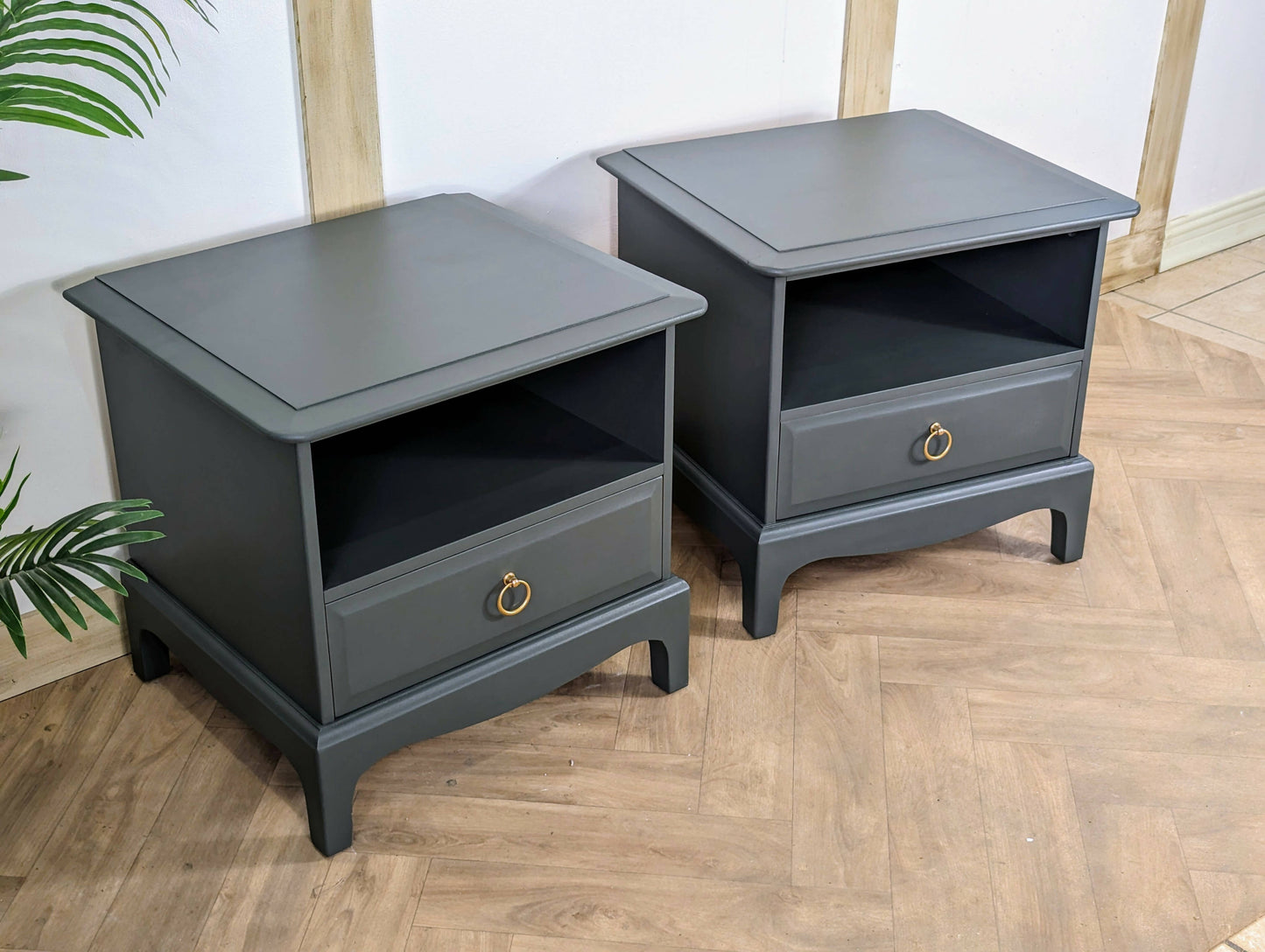 Stag Bedside Tables, spray painted Dark Green Gold bedside drawers, Stag Minstrel nightstands
