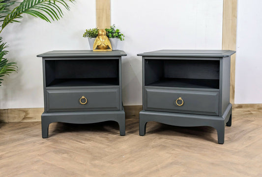 Stag Bedside Tables, spray painted Dark Green Gold bedside drawers, Stag Minstrel nightstands