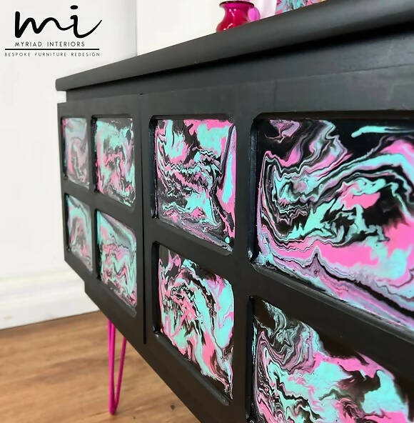 Maximalist Resin Poured Nathan sideboard, cocktail drinks cabinet, cupboard, black, bright pink, TV media unit