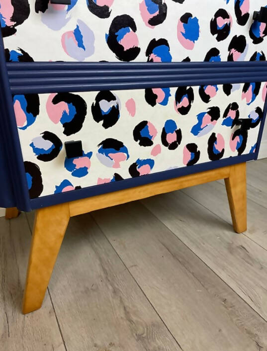 Leopard Print Chest of Drawers in Blue and Pink